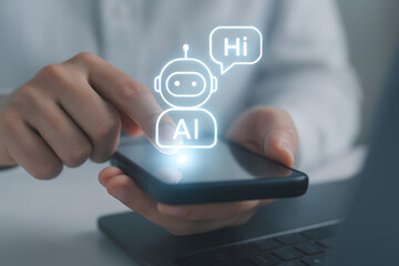 Person using smartphone with AI chatbot assistant interface on screen