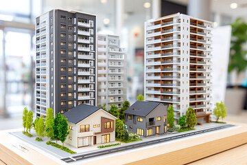 modern architectural model showcasing residential buildings and green spaces in a contemporary urban
