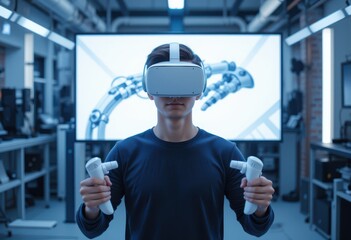 immersive reality experience with virtual reality headset in modern laboratory