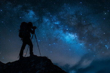 Wall Mural - astronomer stargazing milky way nebula with telescope under night sky, generative ai image