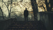 © Rajab - A lone figure stands at the top of a stone staircase in a park on a cloudy day with trees around him