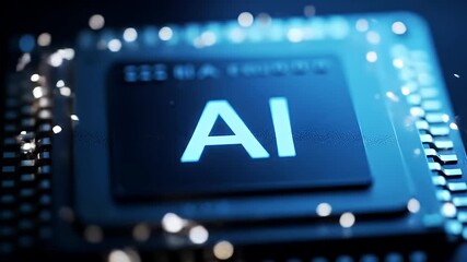 Close Up of AI Symbol on Microchip in Blue Neon Illuminated Display With Sparkling Highlights on Black Background