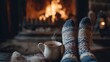 © Snowstudio - Cozy feet in knitted socks next to steaming mug with hot drink by fireplace, banner with copy space