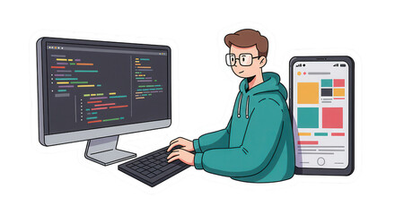 Cartoon Programmer Coding on Computer and Mobile App Development