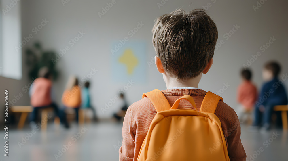 Young student with backpack in classroom, facing blurred classmates ...