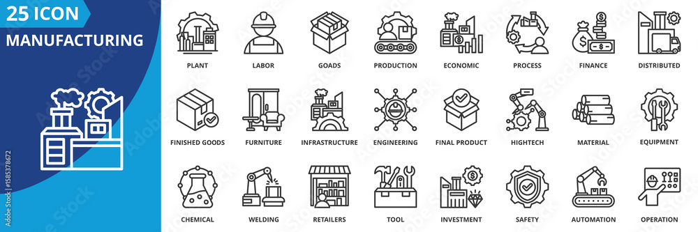 เวกเตอร์ Stock manufacturing icon set collection in outline style. an ...