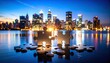 © NaimStock - Puzzle pieces on a surface with a cityscape sunset.