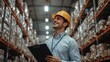 © Future Vision - Inspecting warehouse supervisor wearing hard hat holding black clipboard scanning racks boxes