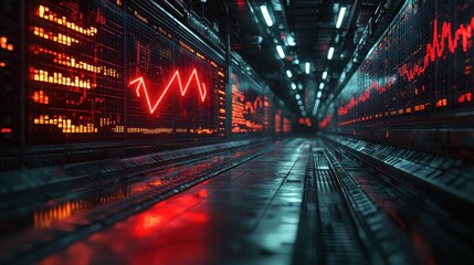 Wall Mural - futuristic corridor with glowing data displays.