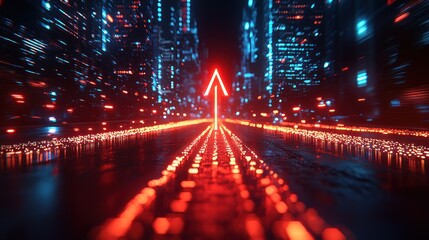 Wall Mural - neon arrow points the way through a futuristic city at night.