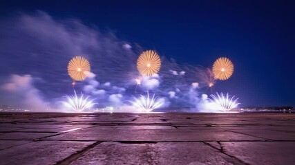 Wall Mural - fireworks display is lit up in the night sky. the fireworks are in the shape of circles and are scat
