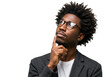 © Over View - A thoughtful black man wearing glasses and a suit jacket rests his finger on his chin, contemplating an idea, isolated on white isolated on transparent background