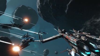 Wall Mural - group of spaceships are flying through space, with one of them being shot at by a group of other spa