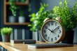 © Oleksandr - Modern workspace featuring classic alarm clock with greenery accents near desk area