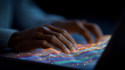 Wall Mural - futuristic laptop interface with multicolored data stream visualization