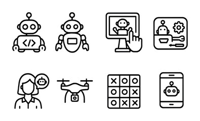 Educational Robotics Icons. Outline icon set of educational robotic assistants: coding robot, programmable bot