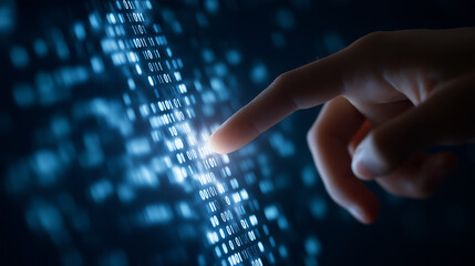 Wall Mural - translucent digital interface with binary code and finger touch