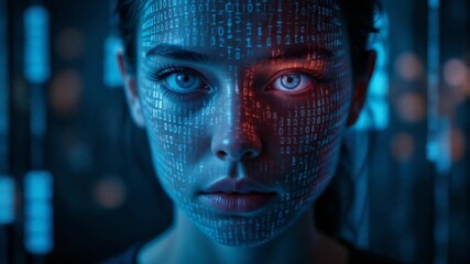 Human-computer interaction concept - HCI. A person with binary code projected onto their face, an intimate interaction between humans and digital technology in the digital world. 4k video