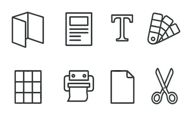 Modern Brochure Design Icons. Outline icon set of Brochure design: folded brochure, flyer, typography, color