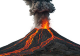 A powerful volcano erupts with glowing lava, smoke, and ash billowing into the sky isolated on transparent background