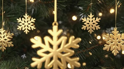 Wall Mural - tree with gold snowflakes hanging from it. the snowflakes are all different sizes and are hanging at