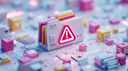 Clean and Modern 3D Illustration of File Archive Icon with Shield and Warning Sign Representing Software Security and Vulnerability Check on Tech Interface Background for Article Thumbnail

