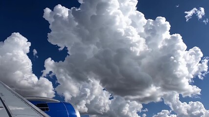 Wall Mural - bright white clouds and blue sky viewed from airplane drone perspective showing sunlit cumulus patterns in atmospheric motion perfect for aviation travel or scenic backgrounds