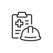 © Matsabe - Safety helmet and medical clipboard, linear icon. Workplace health and accident insurance. Line with editable stroke.