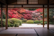 © Travel 'n' Lifestyle - View of vibrant red and green foliage in a meticulously manicured garden, framed by the serene interior of a traditional Japanese home, Kyoto, Kyoto, Japan.