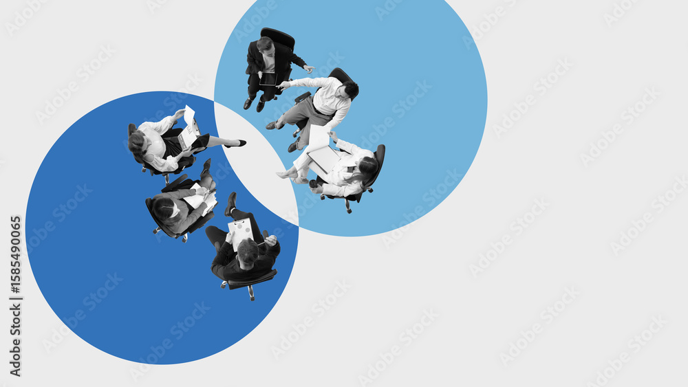 Conceptual collage of two employee groups meeting in overlapping ...