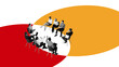 © master1305 - Conceptual collage showing business group discussion with intersecting red and orange areas. Concept of corporate alignment, strategic workshops, HR team planning, communication dynamics.