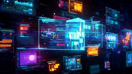 Wall Mural - multiple holographic screens with complex data interfaces, glowing in blue, purple, and orange color