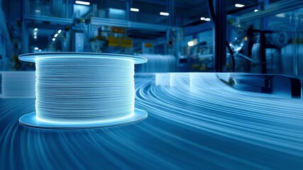 Wall Mural - light trails illustrating data flow during fiber optic cable manufacturing in a high tech industrial