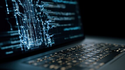Laptop screen displaying digital code and circuit board design