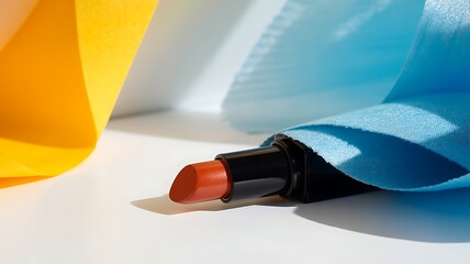 Wall Mural - orange lipstick against blue and yellow fabric black
