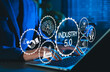 © Supatman - Industry 5.0 Concept. Person using laptop with Industry 5.0, AI icons, smart factory, connectivity, advanced technology integration, human machine collaboration, and future of industrial innovation.