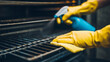 © Blurred Ink - Closeup of person wearing yellow gloves cleaning barbeque metallic grill with blue spray bottle and cloth