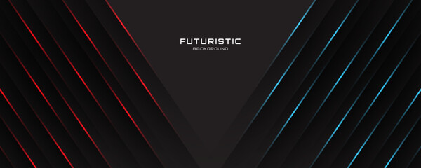 Wall Mural - 3d black techno abstract background overlap layer on dark space with red blue lights effect decorati