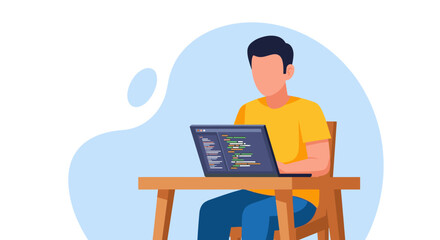 A male programmer sits at a wooden desk, diligently typing code on his laptop, depicted in a modern flat vector illustration style with a clean background.