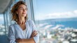© Lens Legacy - Woman enjoys breathtaking city view from high-rise building balcony