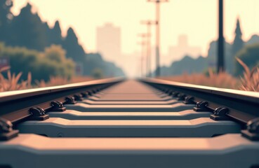 train tracks extending into the distance with a blurred urban background and natural surroundings
