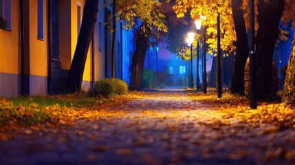 Wall Mural - serene autumn evening stroll along a tree-lined path illuminated by street lamps