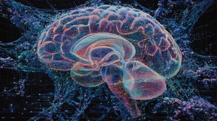 Wall Mural - futuristic depiction of a braincomputer interface illuminated by intricate neural networks represent