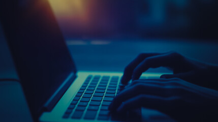 Wall Mural - tech intrigue: a captivating close-up reveals a person's hands typing with intent on a laptop in a d