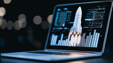 Wall Mural - laptop displaying rocket launch and data analysis: a sleek laptop displays a rocket launch juxtapose