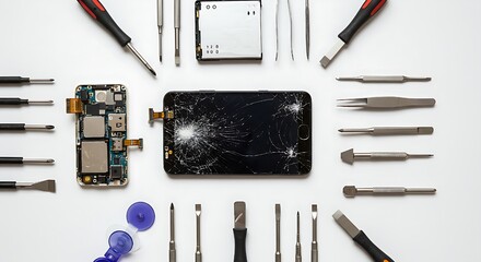 Damaged Smartphone and Repair Tool Set on White Background, Flat Lay.
