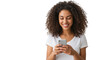 © Shanza - Happy young woman using her smartphone isolated PNG with Transparent Background
