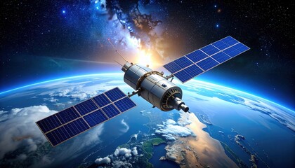 Wall Mural - Astronautical satellite orbiting the earth in a dark starry night sky