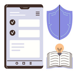Mobile device showing task checklist, shield representing protection, open book with glowing bulb. Ideal for security, learning, app development, online safety, education, innovation simple flat