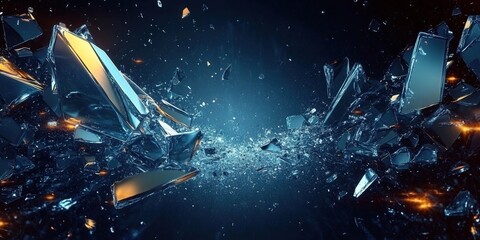 Wall Mural - Exploding glass artwork against a cool, dark blue background creating a dramatic abstract visual.